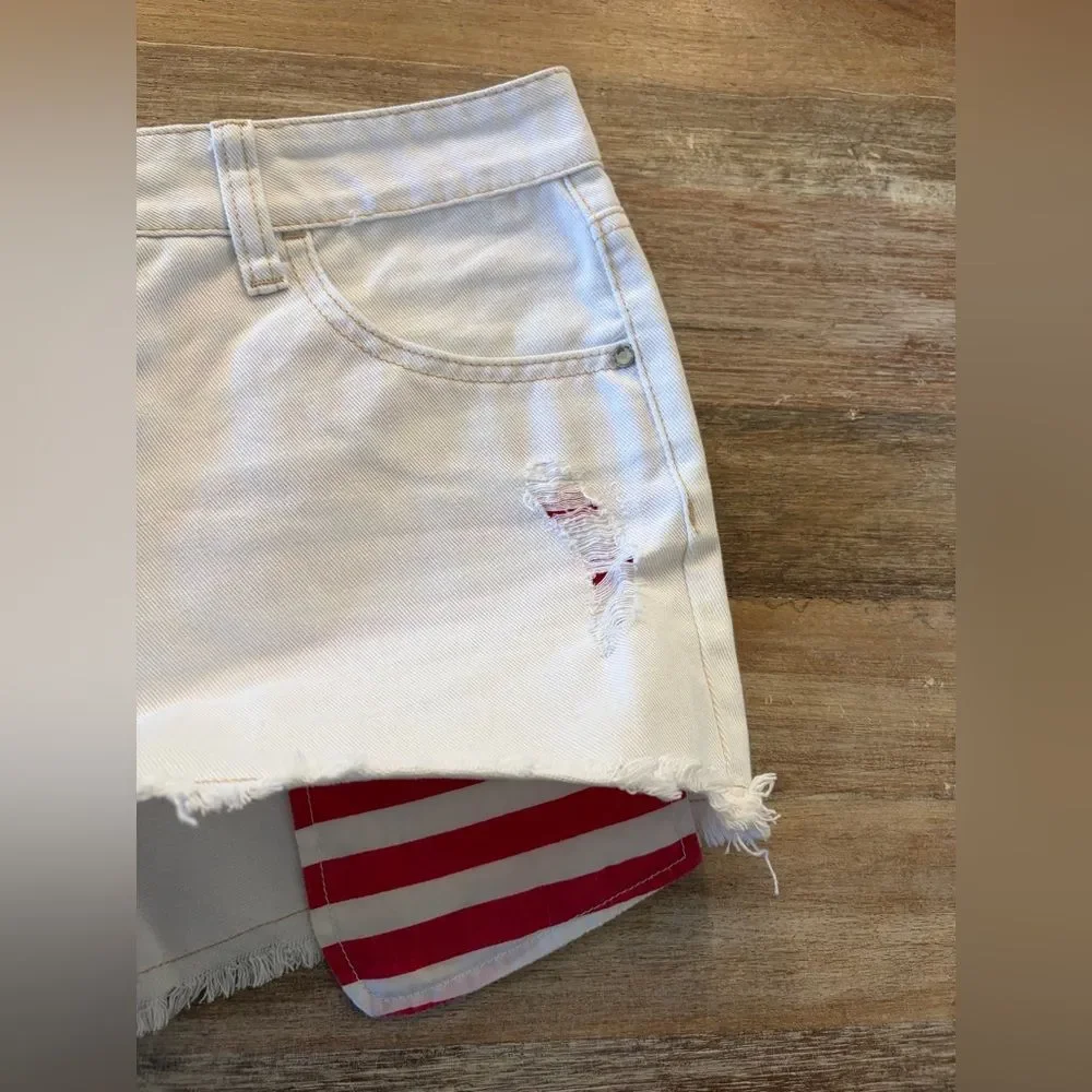 Justice Girls 16 1/2 White Distressed Jean Shorts USA Flag Pockets Stars Stripes